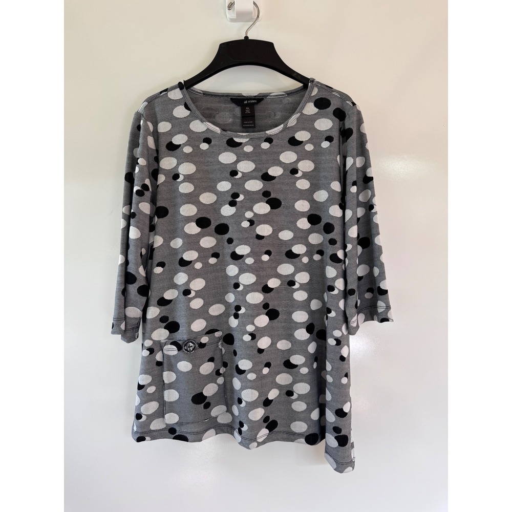 Ali Miles Tunic Top Womens PXL Gray Black White‎ Dot Asymmetrical 3/4 Sleeve Art